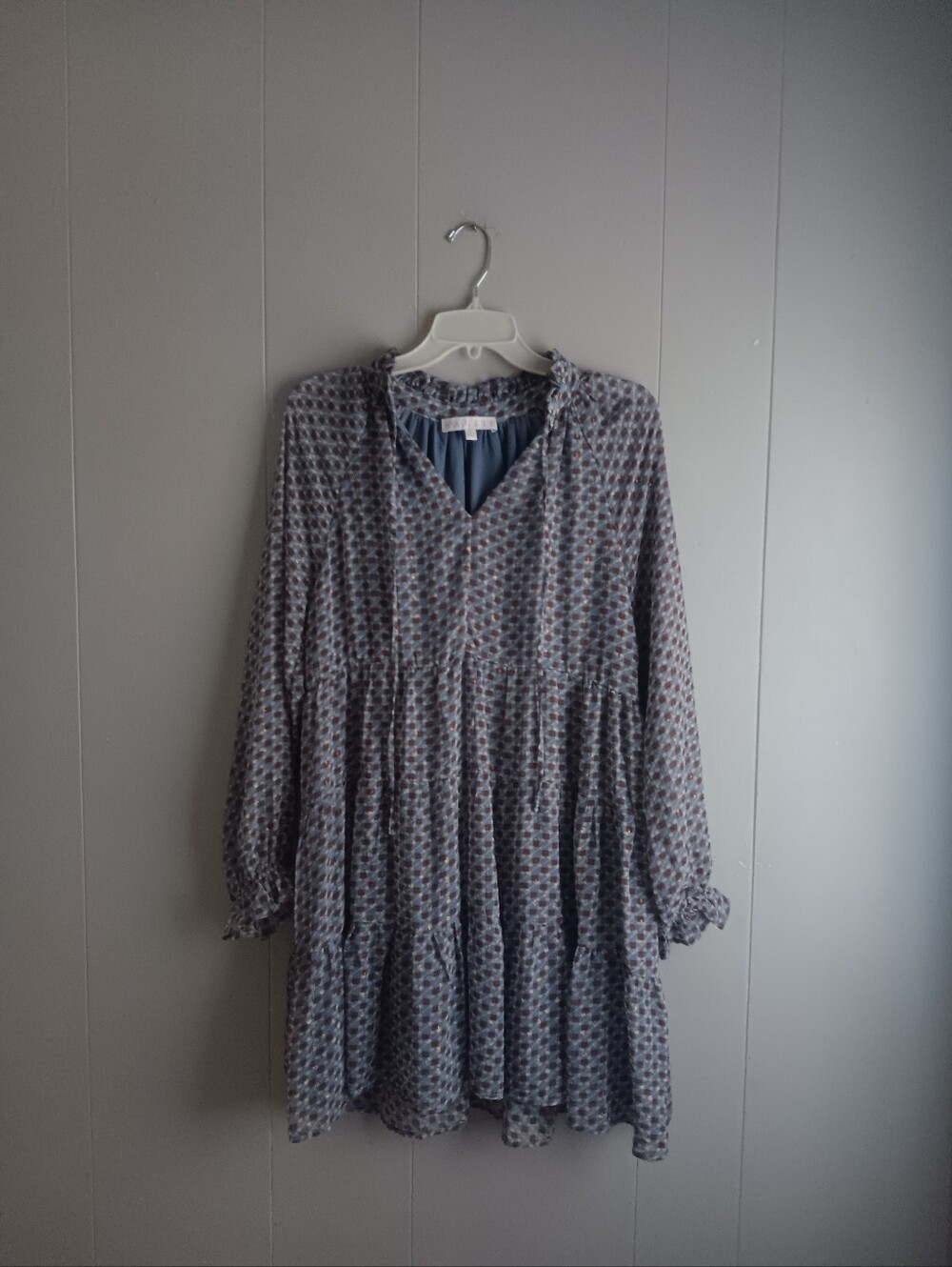 Karlie Blue Printed Tiered Long-Sleeve Dress